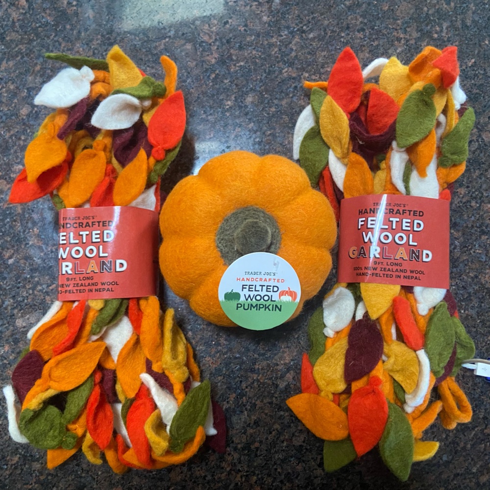 Trader Joe's Handcrafted Felted Wool Pumpkin & Autumn Leaf Garland Set